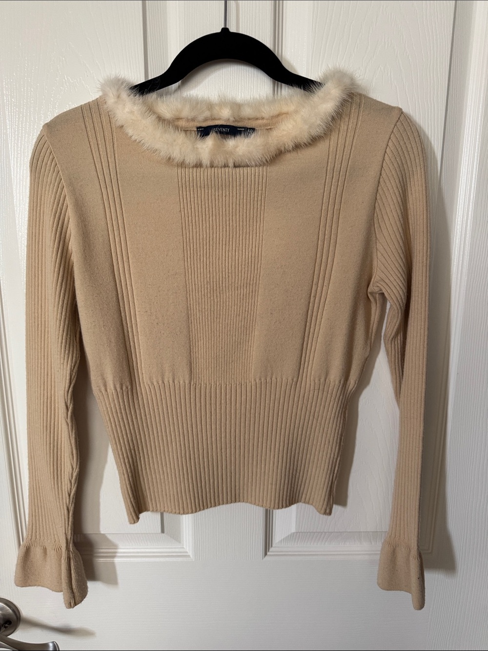 Seventy Beige Knit Crewneck Sweater with Faux Fur Trim